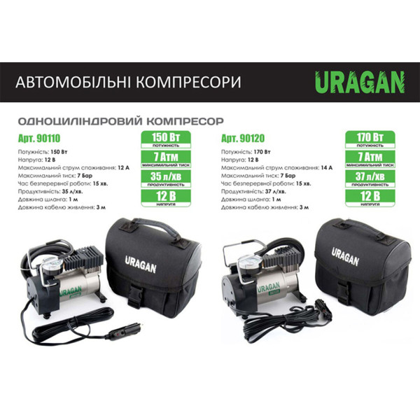 Компрессор для автомобиля Uragan 90110 7 Атм 35 л/мин 150 Вт (5905325515763)