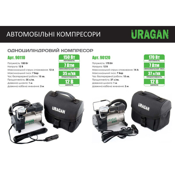 Компрессор для автомобиля Uragan 90120 7 Атм 37 л/мин 170 Вт (5905325515770)