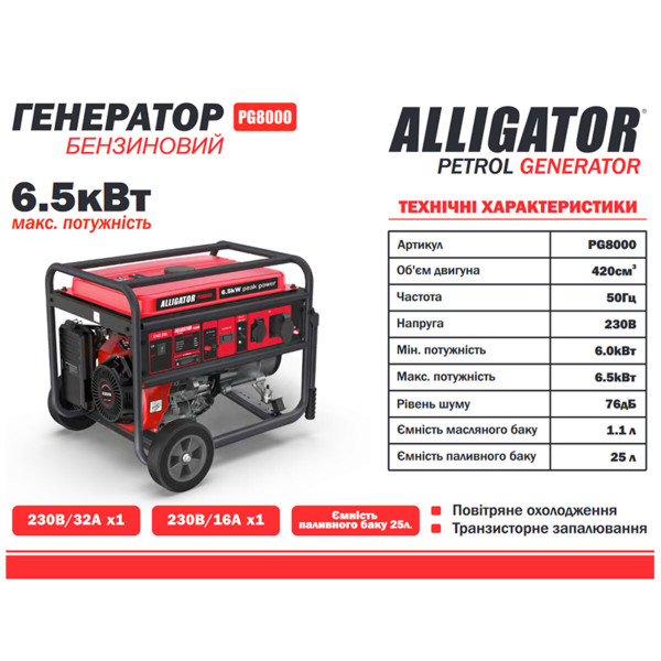 Генератор бензиновый Alligator PG8000 6.5кВт (ном 6.0кВт)
