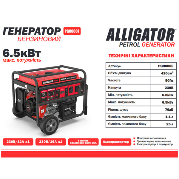 Генератор бензиновый Alligator PG8000E 6.5кВт с электростартером (ном 6.0кВт)