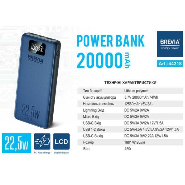 Повербанк Brevia 20000mAh 22,5W Li-Pol, LCD (44218)