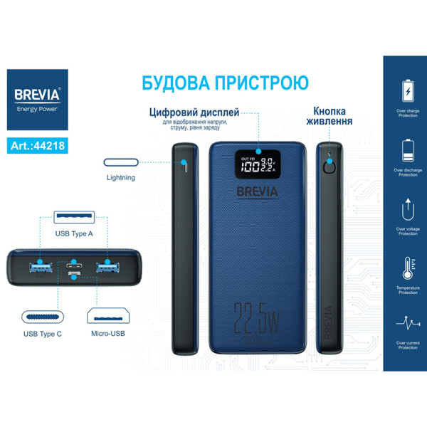Повербанк Brevia 20000mAh 22,5W Li-Pol, LCD (44218)