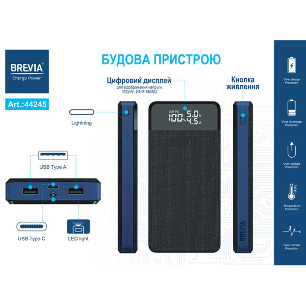 Повербанк Brevia 20000mAh 45W Li-ion, LCD (44245)