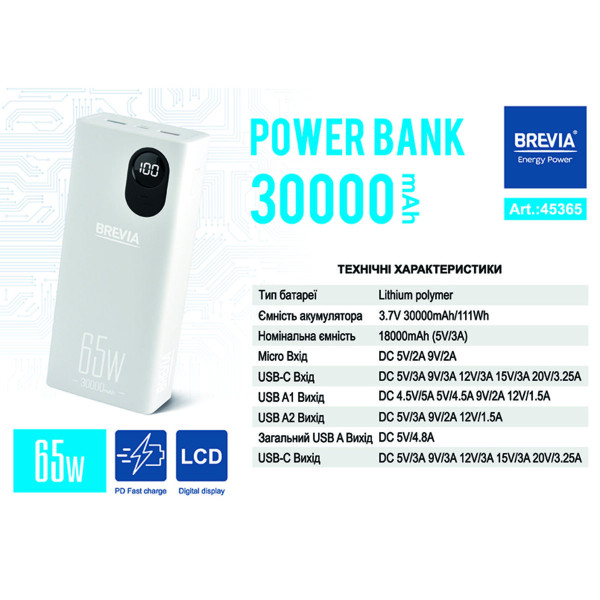Повербанк Brevia 30000mAh 65W Li-Pol, LCD (45365)