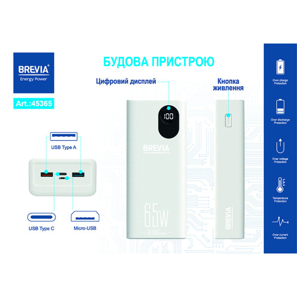 Повербанк Brevia 30000mAh 65W Li-Pol, LCD (45365)