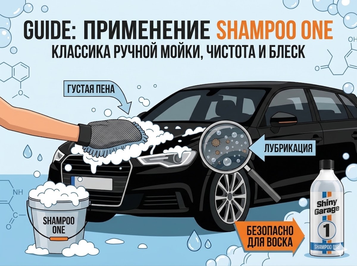 Процесс ручной мойки с Shiny Garage Shampoo One: инфографика (RU)