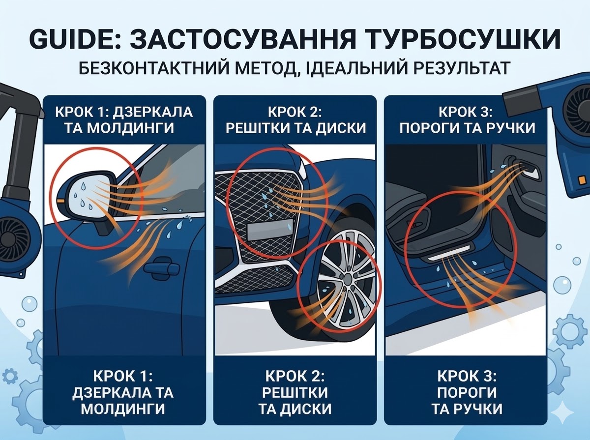 Процес безконтактної сушки авто турбосушкою: інфографіка