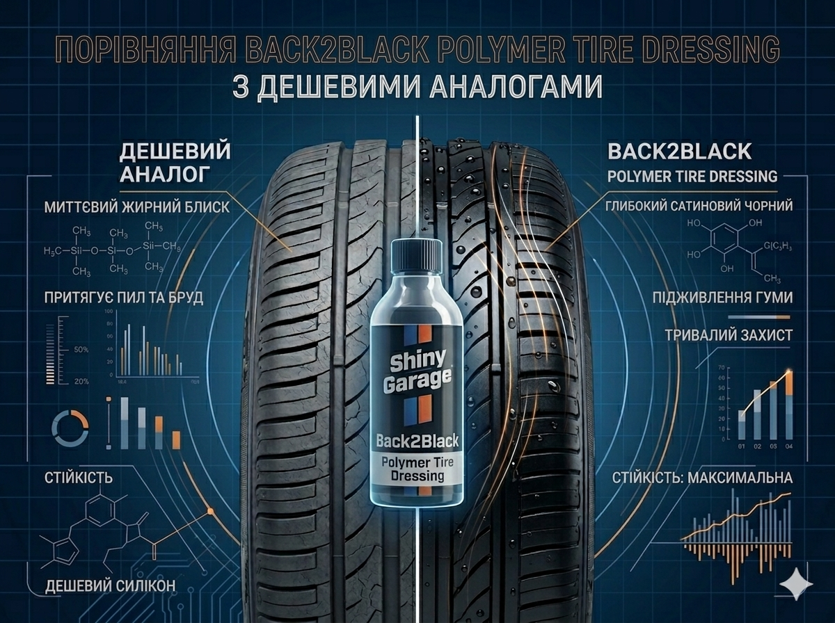 Порівняння Back2Black Polymer Tire Dressing з дешевими аналогами