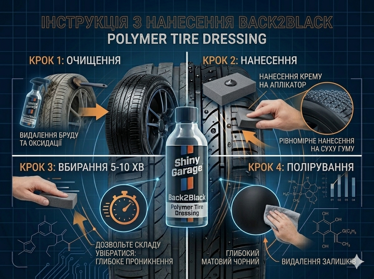 Інструкція з нанесення Back2Black Polymer Tire Dressing